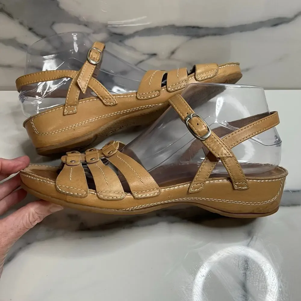 Gabor Womens Tan Leather Low Wedge Sandals US Sz 9 Strappy Comfort Festival Boho